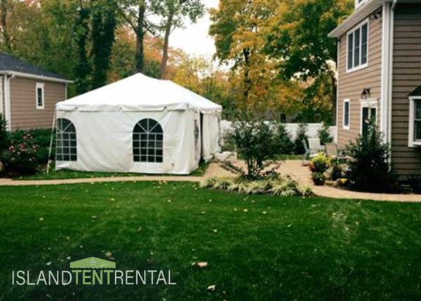 Framed tent in a Long Island backyard, autumn